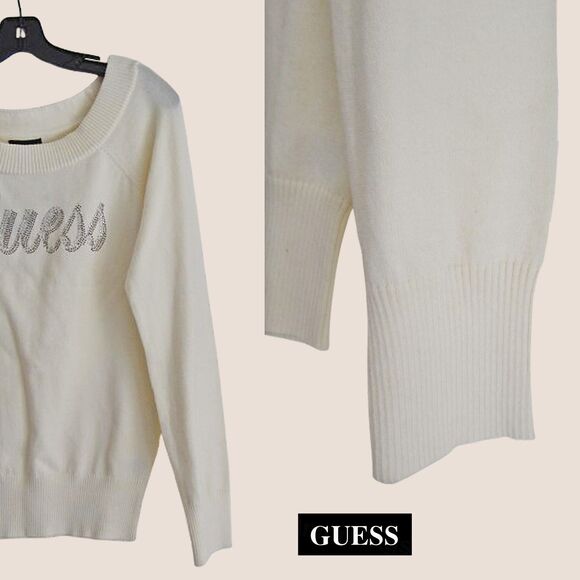 GUESS NEW Old Money Crystals Signature Logo Ribbed Trim Pullover Sweater S - Picture 3 of 12